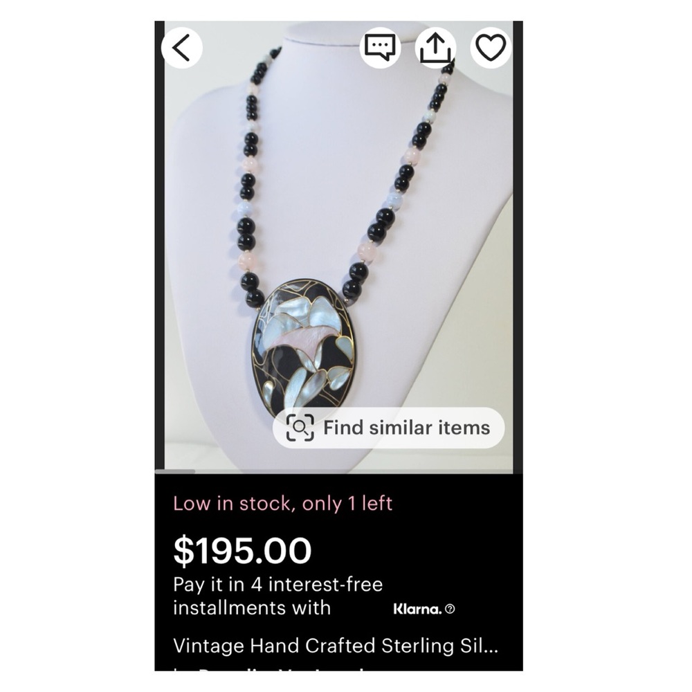 VTG Sterling 925 MOP Inlay Pink Jade BLK Onyx Agate Bead Designer Necklace - Picture 4 of 12